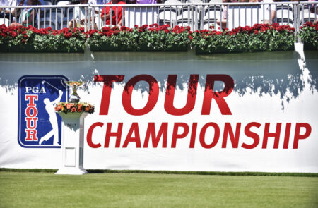 ATLANTA, GA - SEPTEMBER 04: The PGA Tour Championship trophy and banner are displayed by the grandstand of the first tee box during the third round of the PGA Tour Championship on Saturday, September 4, 2021 at East Lake Golf Club in Atlanta, GA. (Photo by Austin McAfee/Icon Sportswire via Getty Images)