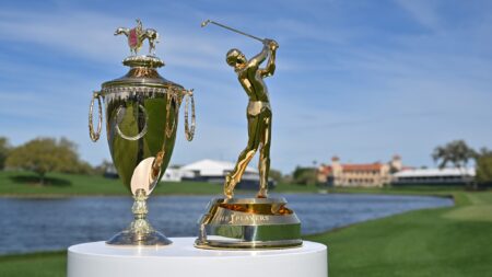 PONTE VEDRA BEACH, FLORIDA - MARCH 11: Photos of the Kentucky Derby trophy and THE PLAYERS Championship trophy prior to THE PLAYERS Championship at Stadium Course at TPC Sawgrass on March 11, 2024 in Ponte Vedra Beach, Florida. (Photo by Ben Jared/PGA TOUR)